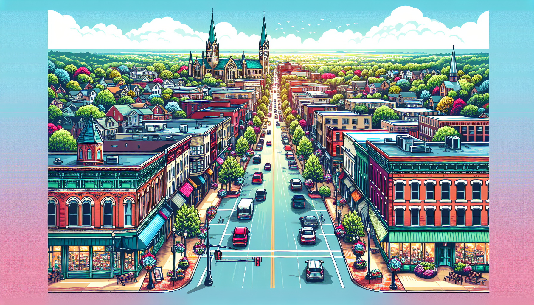 Create an image of a charming city overview of Birmingham, Michigan, showcasing the picturesque streets lined with boutique shops, cafes, and vibrant foliage, capturing the essence of this idyllic cit