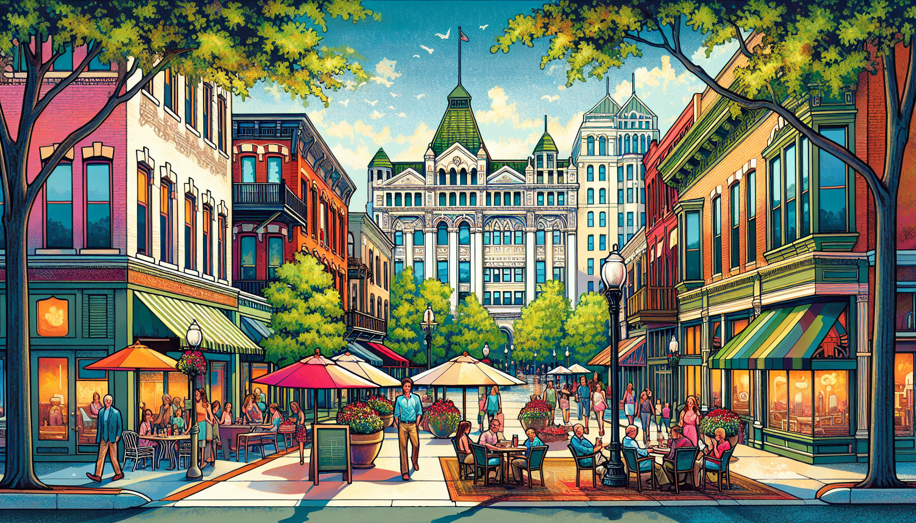 Create an inviting and vibrant illustration of Birmingham, Michigan for a guided tour. Highlight the charming downtown area with its boutique shops, upscale restaurants, and tree-lined streets. Includ