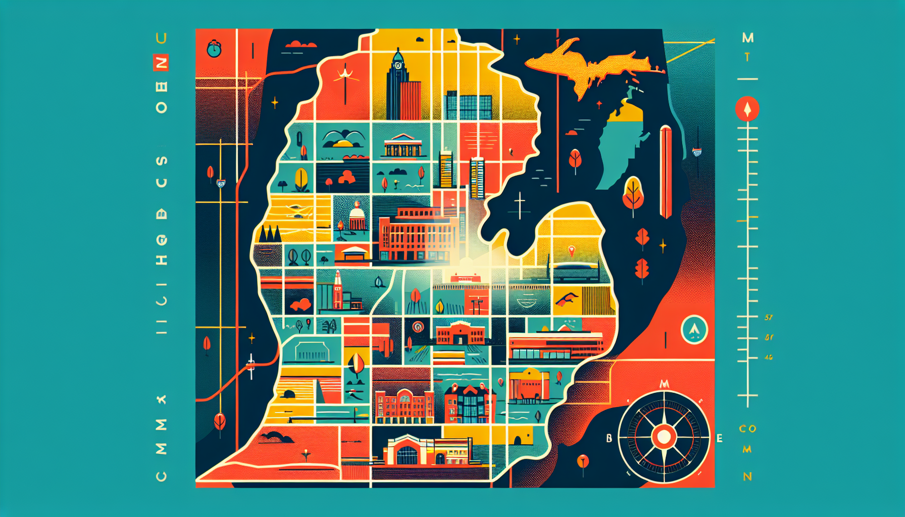 Create an image depicting a detailed map of Michigan with a highlighted and magnified view of Birmingham. Include notable landmarks such as parks, shops, and schools in Birmingham, along with a compas
