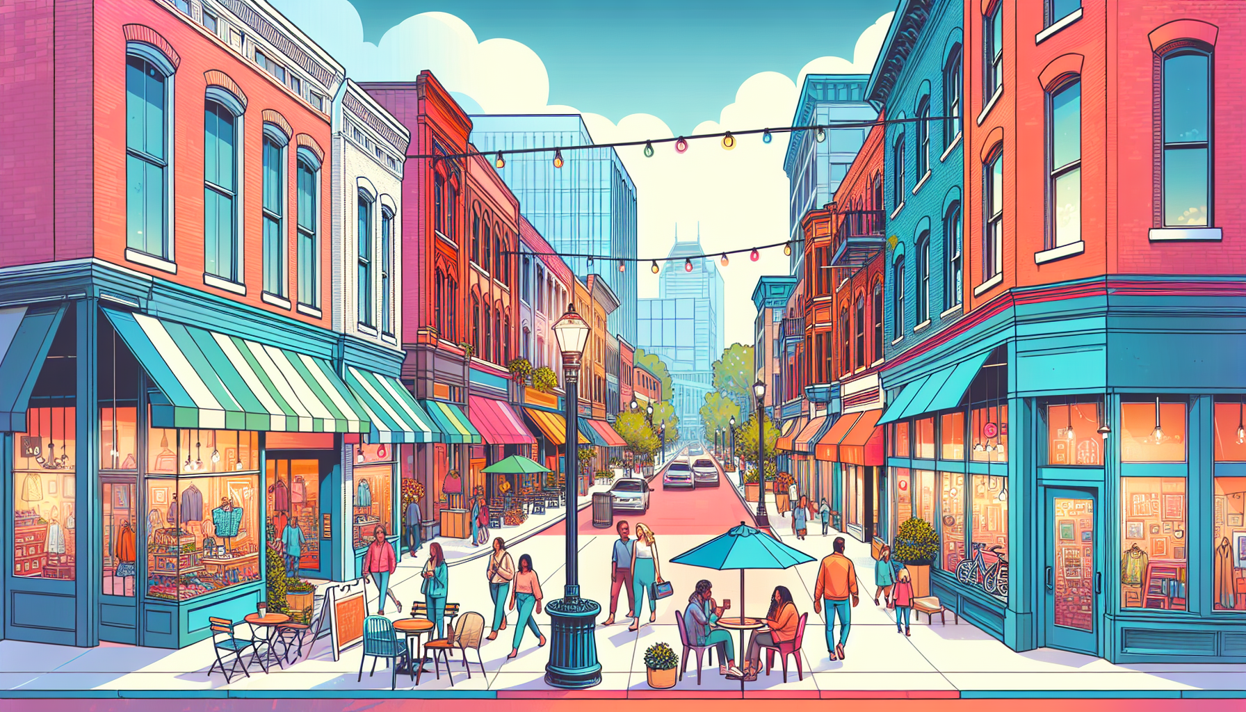 Create an illustration of a charming street in Birmingham, Michigan, showcasing the bustling local boutiques, cozy cafes, and vibrant atmosphere that make this neighborhood a must-visit destination.