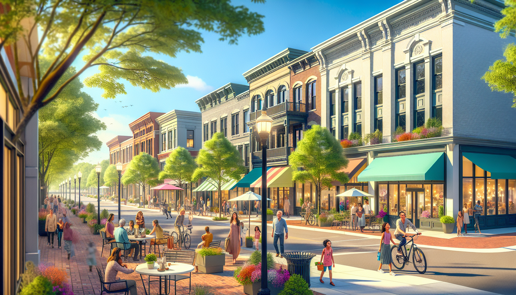 Create a picturesque scene of downtown Birmingham, Michigan on a sunny day. The image should feature charming historic buildings, vibrant boutiques, cozy cafes with outdoor seating, and tree-lined str