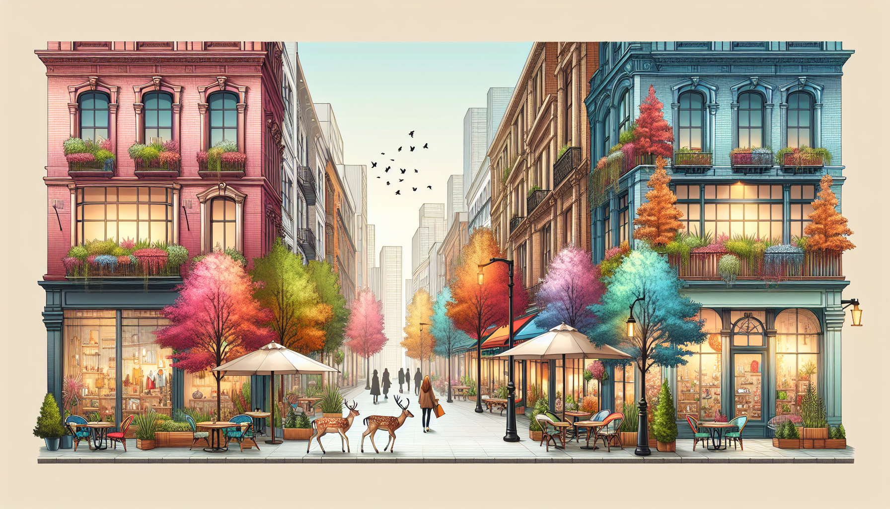 Create an image of a picturesque street in Birmingham, Michigan lined with colorful trees and boutique shops, capturing the charming and vibrant essence of the city. The scene should showcase a mix of