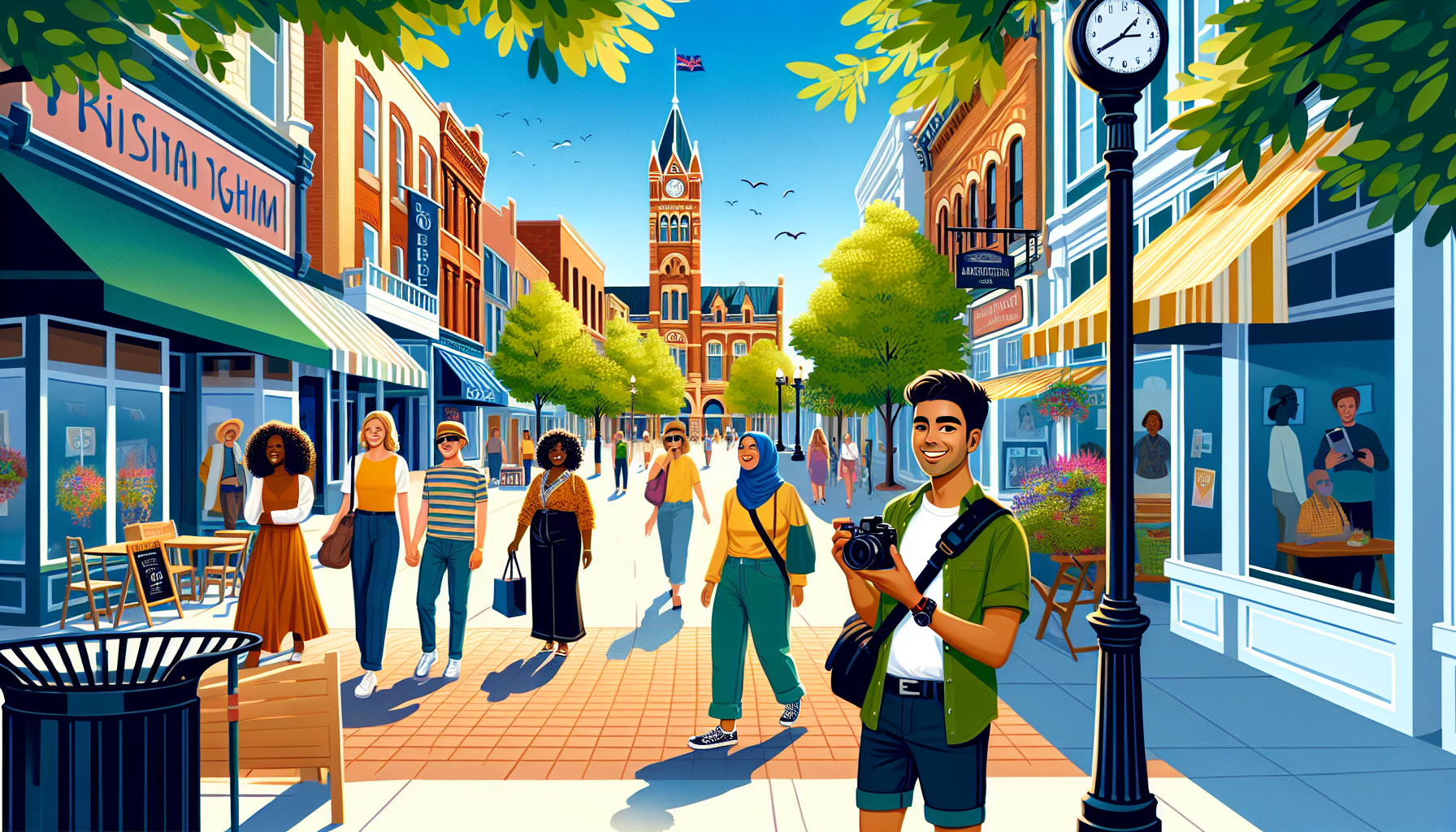 A vibrant, sunny street scene in Birmingham, Michigan with leafy trees, boutique shops, and charming cafes. In the foreground, a cheerful vlogger holding a camera captures the lively atmosphere. Shopp
