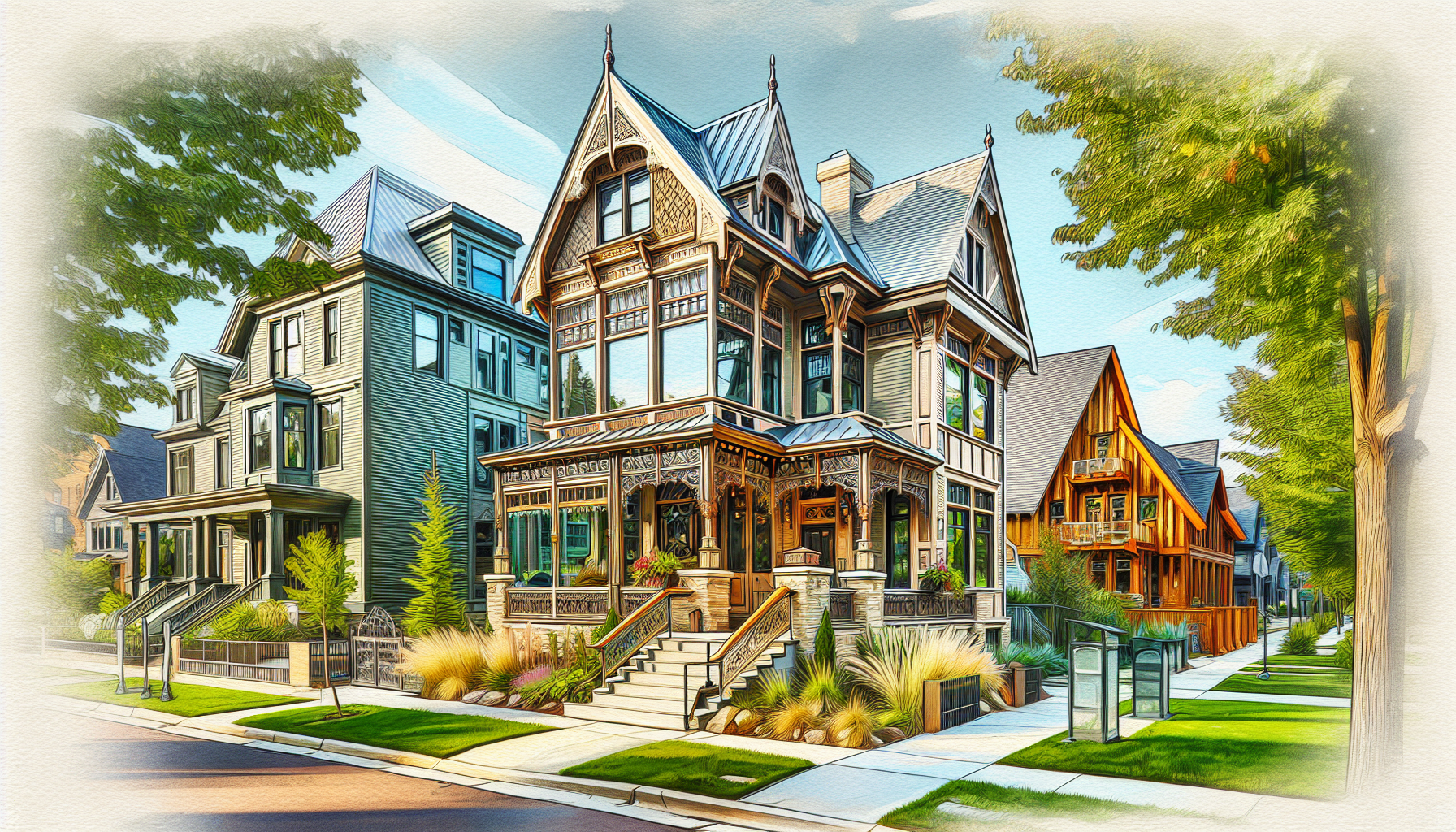 Create an image of a charming street in Birmingham, Michigan lined with beautiful and unique homes, each showcasing a different architectural style. The image should capture the essence of the upscale