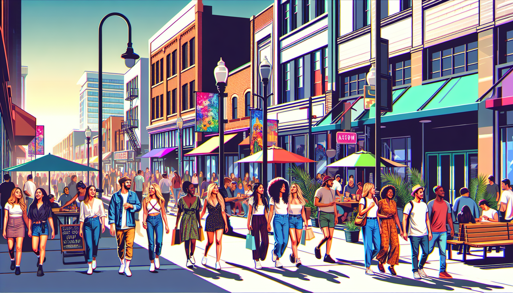 Please create an image of a bustling downtown street in Birmingham, Michigan, showcasing a variety of trendy shops, cafes, and vibrant street art. Show people walking around, enjoying the sunny day, a