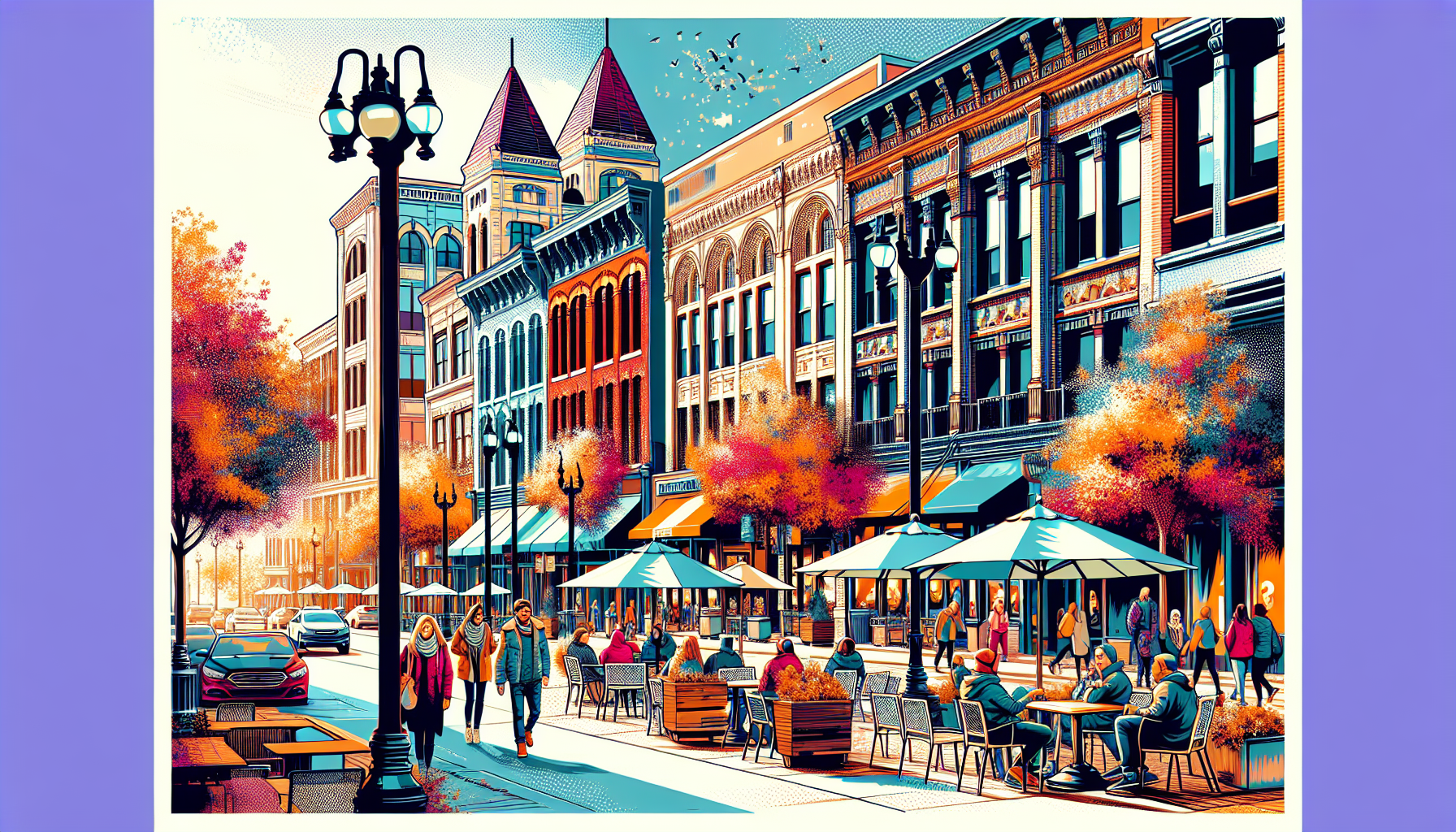 Create a vibrant scene of downtown Birmingham, Michigan, showcasing its bustling streets, charming boutique stores, cozy cafes with outdoor seating, and historic architecture. Include trees with autum