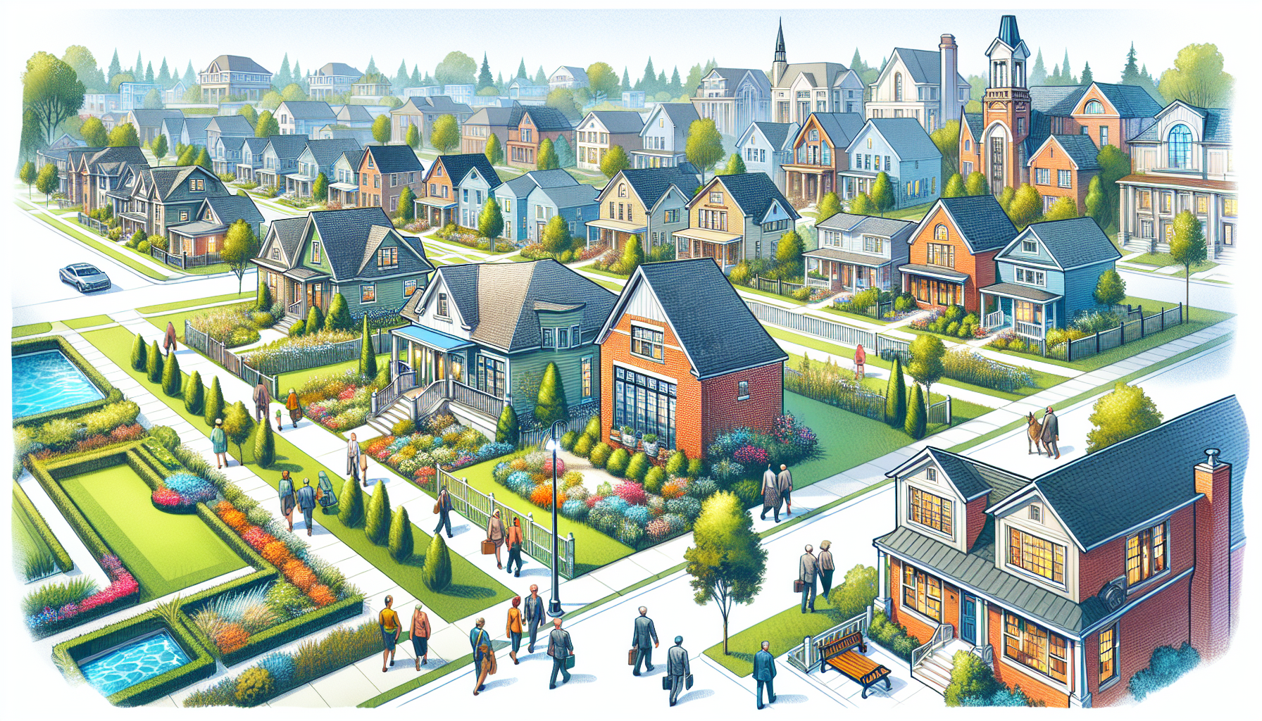 Create an illustration of a vibrant neighborhood in Birmingham, Michigan, showcasing a variety of beautiful homes with well-manicured lawns. Include a few key landmarks from Birmingham, such as the Sh