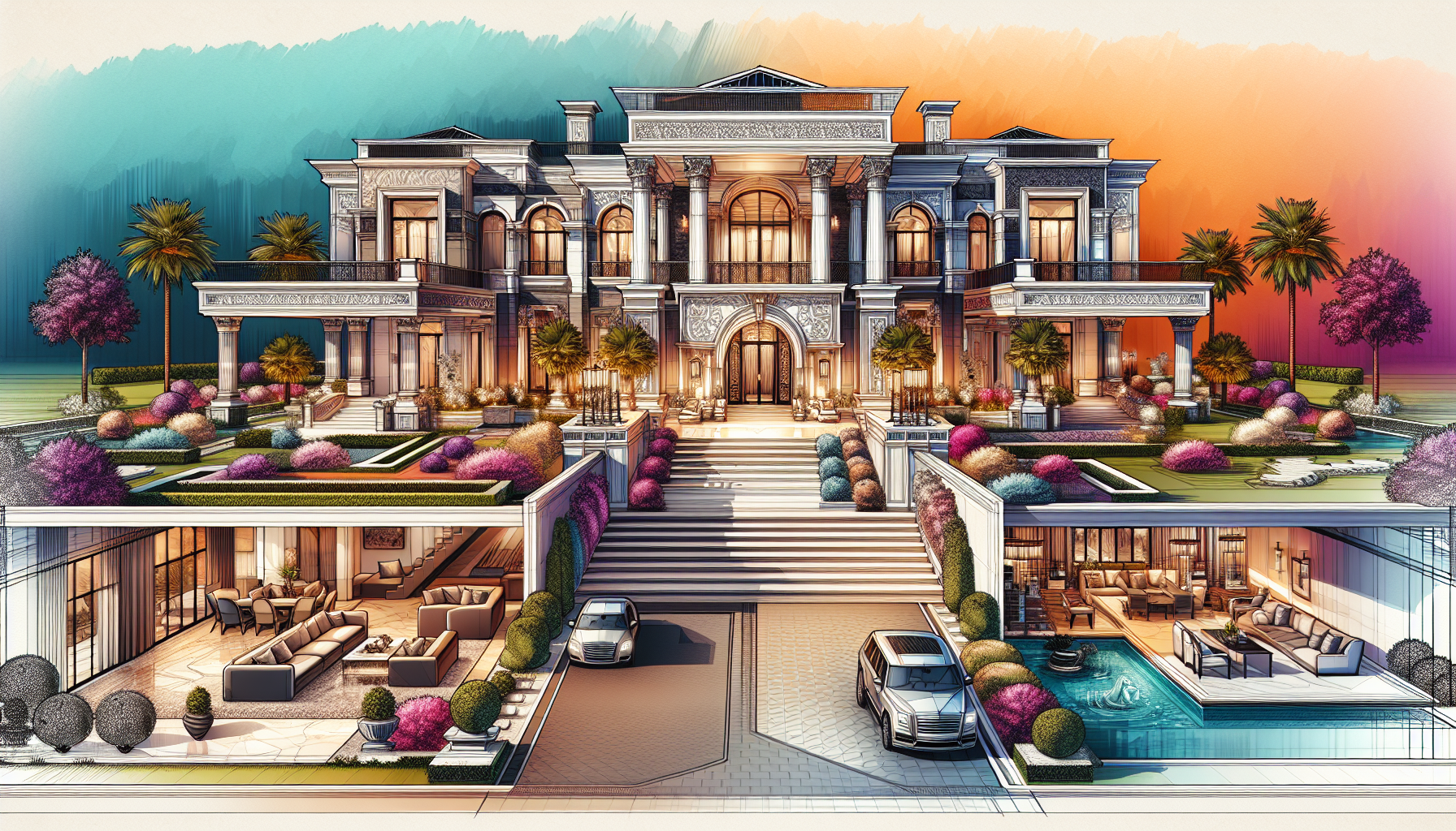 Create an image of an extravagant mansion with opulent interiors showcasing modern luxury design elements such as marble flooring, chandeliers, grand staircases, and expansive living spaces. The exter