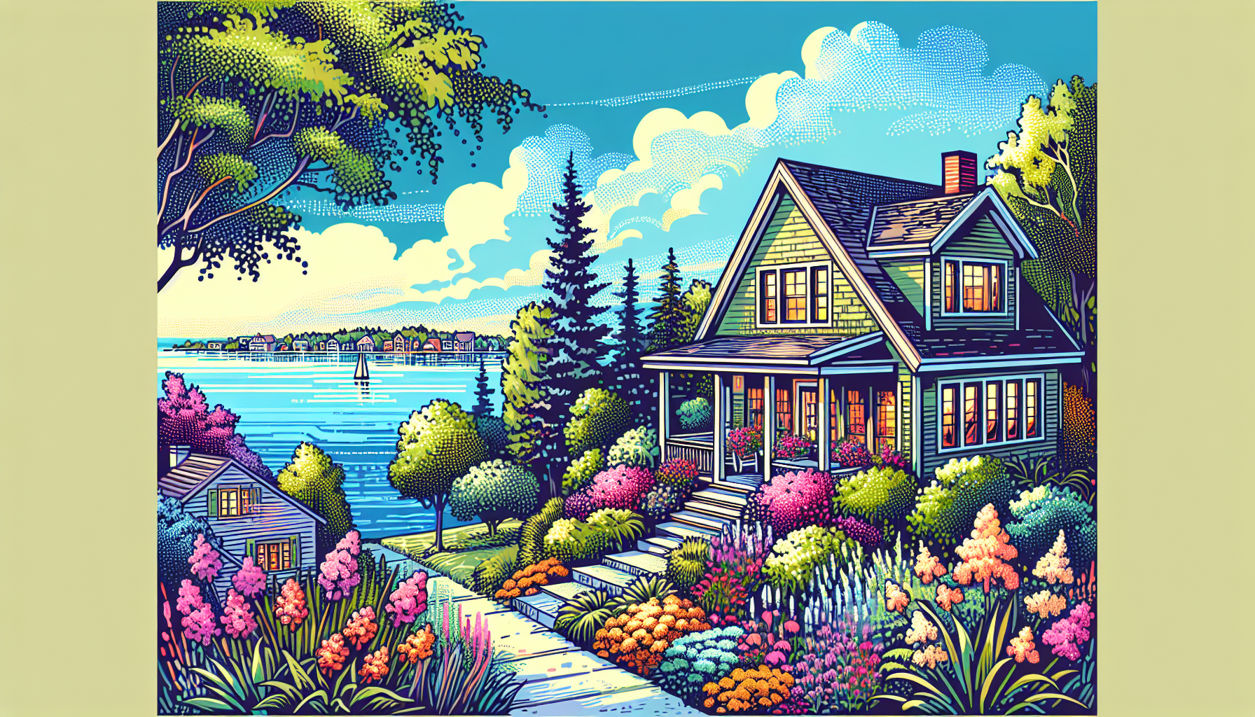 Create an image of a charming waterfront cottage in Michigan, featuring a picturesque view of the Great Lakes in the background. The cottage should be cozy and inviting, surrounded by lush greenery an