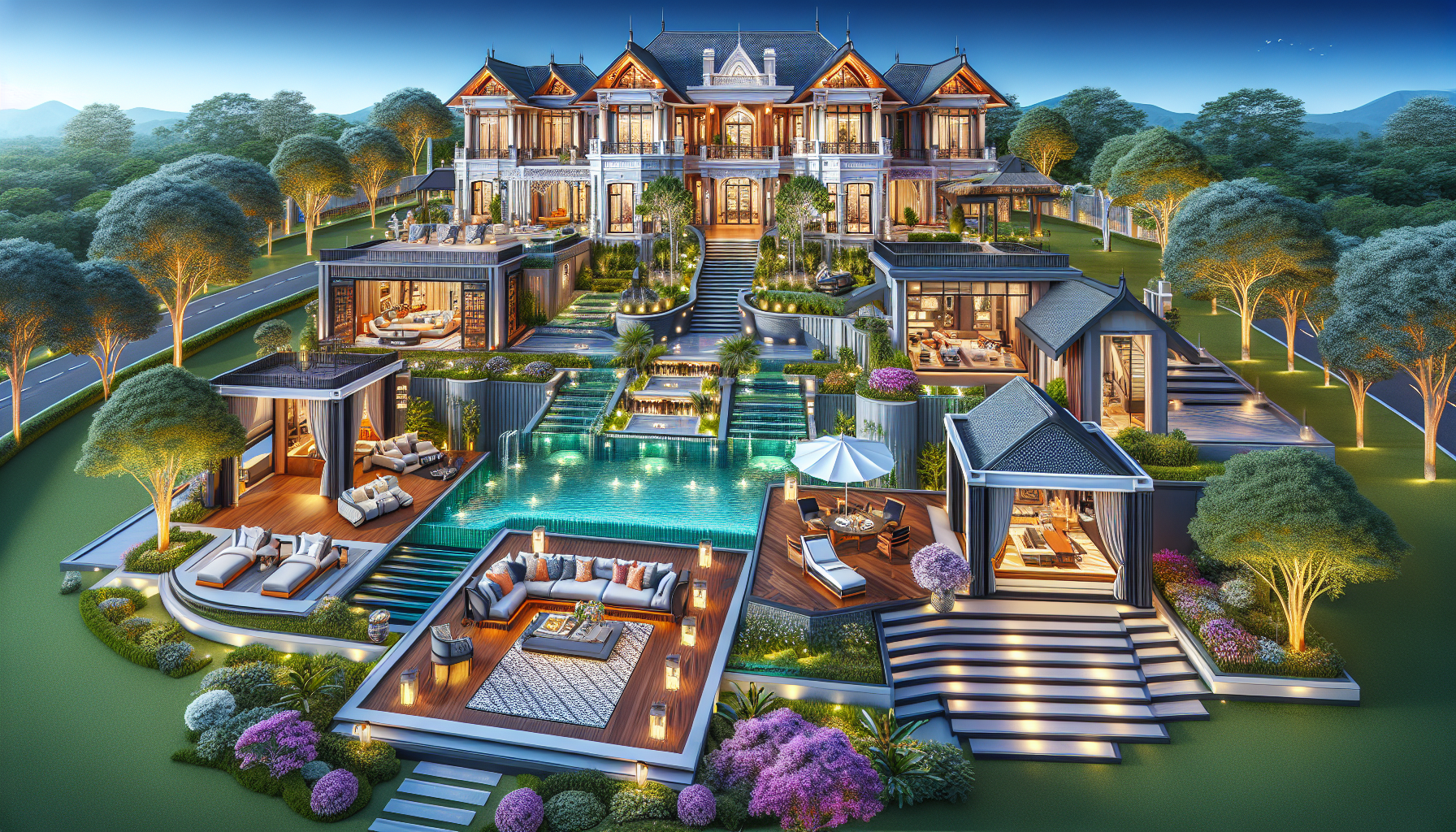Create an image of a breathtaking luxury home, showcasing its grand architecture, elegant interior design, and lush surroundings. Capture the essence of opulence and sophistication that embodies the a