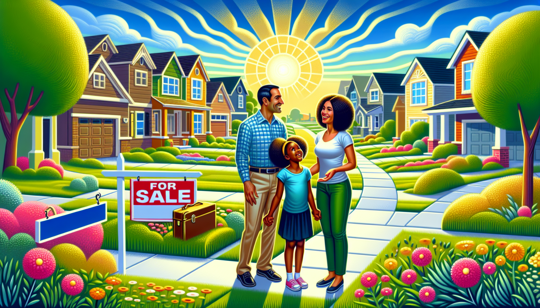 Create an image of a beautiful, welcoming suburban neighborhood in Birmingham, Michigan, showcasing charming, well-maintained homes with manicured lawns, tree-lined streets, and a sunny sky. Include a