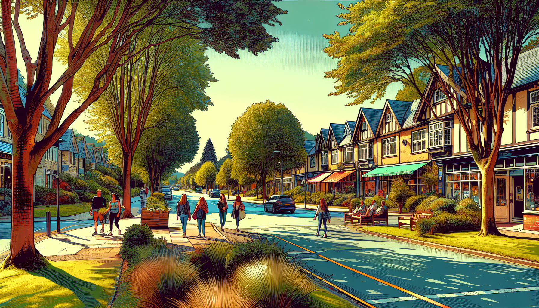 Create an image of a picturesque suburban street in Birmingham, Michigan, with beautifully manicured lawns, tree-lined sidewalks, quaint shops, and people leisurely walking around. The scene should ca