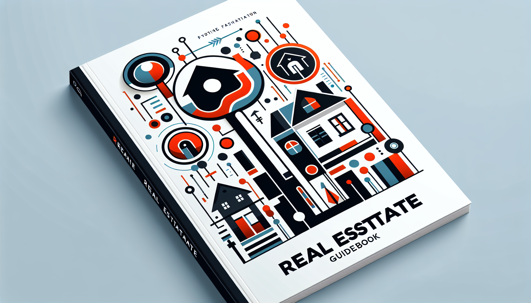 Create an image of a modern, stylish real estate guidebook cover featuring a sleek design with the title Guide to Marian Grout Real Estate in elegant, bold typography. Include elements such as a key,