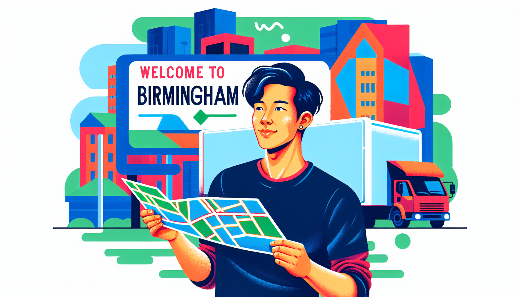 Create an image of a person holding a map and looking at a sign that reads Welcome to Birmingham with a moving truck in the background. The person should appear excited and ready to start their new ad