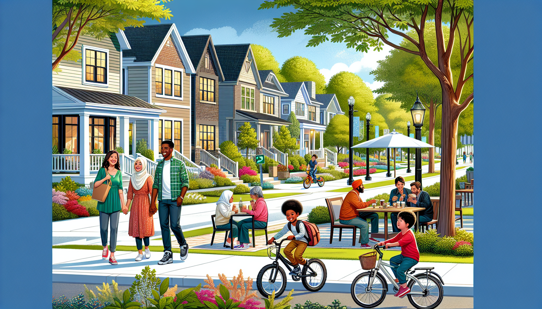 Create an image of a charming suburban neighborhood in Birmingham, Michigan. Show tree-lined streets with well-maintained houses, local boutique shops, and a family enjoying a stroll. Capture the vibr