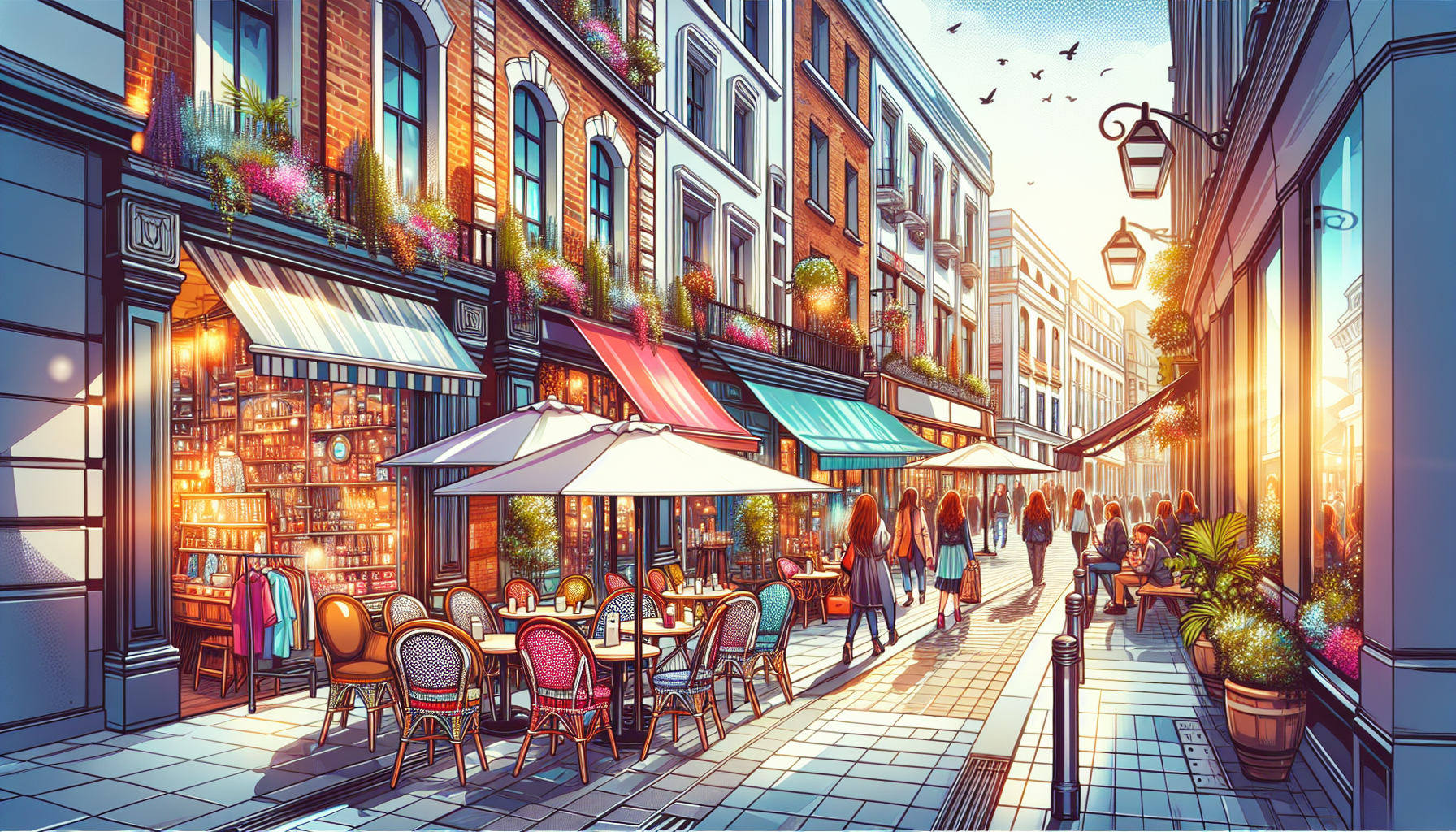 Create an image of a quaint street in Birmingham, Michigan, filled with colorful boutiques, cozy cafes, and bustling activity, capturing the charming essence of this vibrant city.
