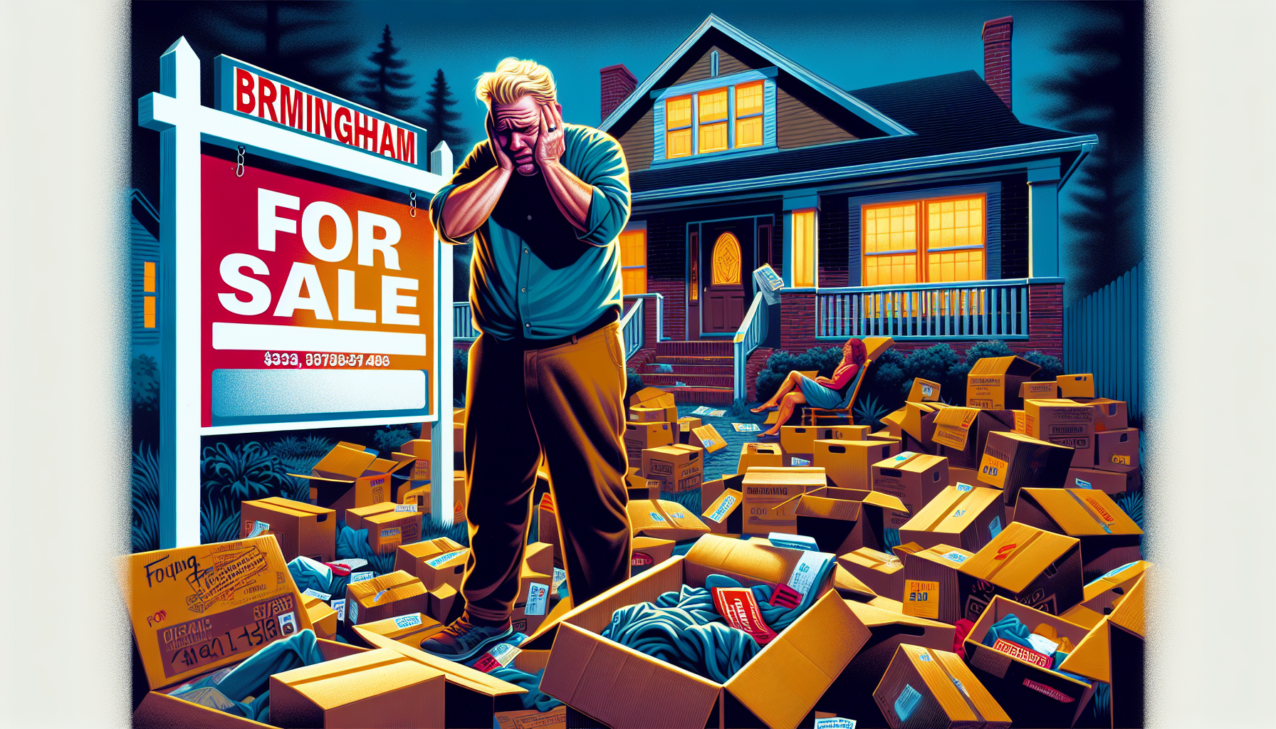 A frustrated homeowner in Birmingham, Michigan with a For Sale sign, surrounded by boxes, making common selling mistakes like bad lighting, clutter, and an overpriced sign.