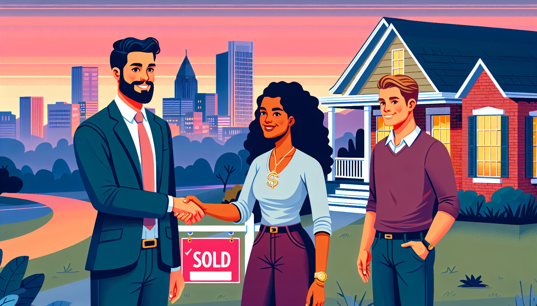 A friendly real estate agent shakes hands with a happy couple in front of a charming brick house with a Sold sign in the yard, Birmingham skyline in the background