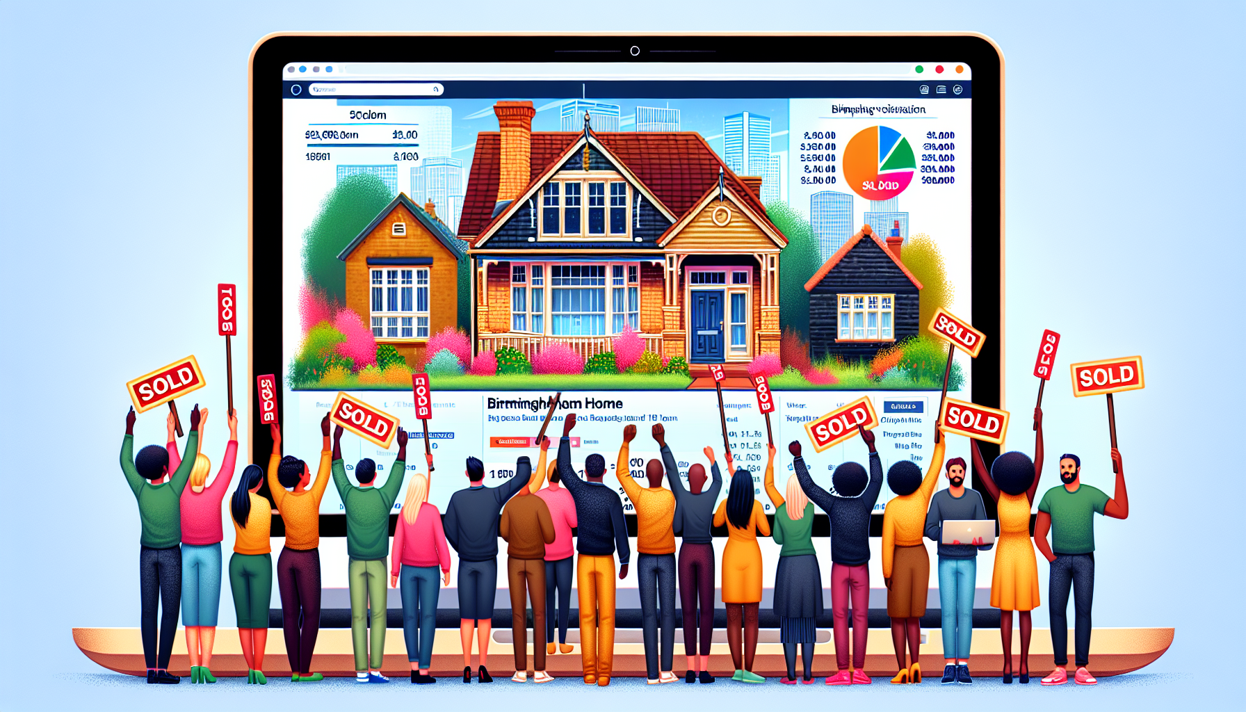 A split screen image. On one side, a charming Birmingham home with a Sold sign and multiple buyers' bidding paddles in the air. On the other side, a laptop displaying that same home's online listing w