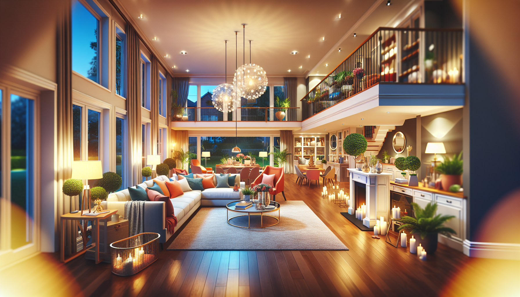 A photorealistic depiction of a beautifully staged Birmingham home, with elegant furniture, warm lighting, and inviting decor. The image should showcase the home's spaciousness, cleanliness, and atten