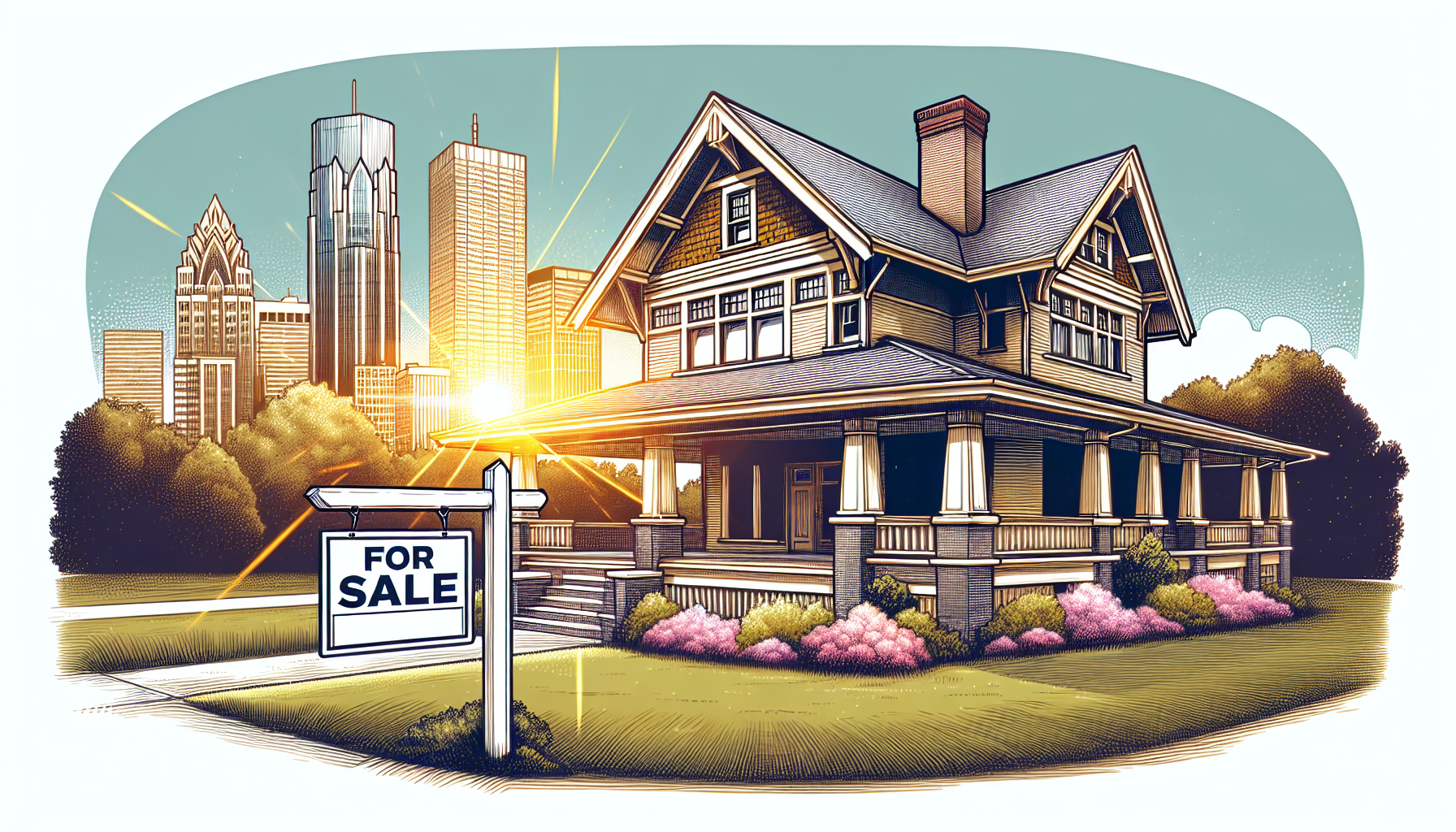 A beautiful craftsman house with a For Sale sign in the yard, Birmingham skyline in the background, lens flare.