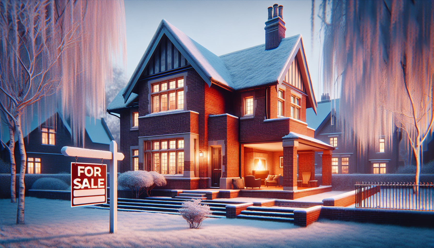 A cozy, well-lit Birmingham brick house with snow falling outside, a For Sale sign in the yard, and a fireplace visible through a window.