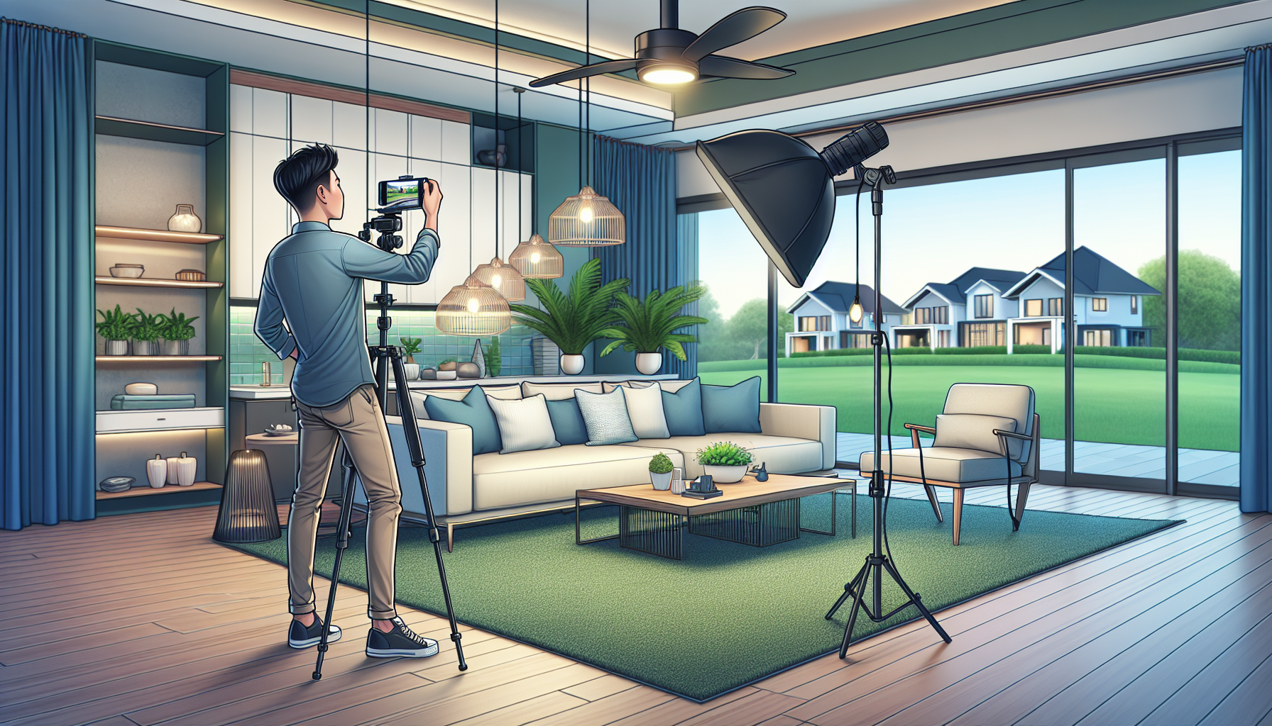 A professional real estate photographer staging a living room in a modern Birmingham, Alabama home with a smartphone on a tripod, lighting equipment, and a view of a manicured lawn through a large win