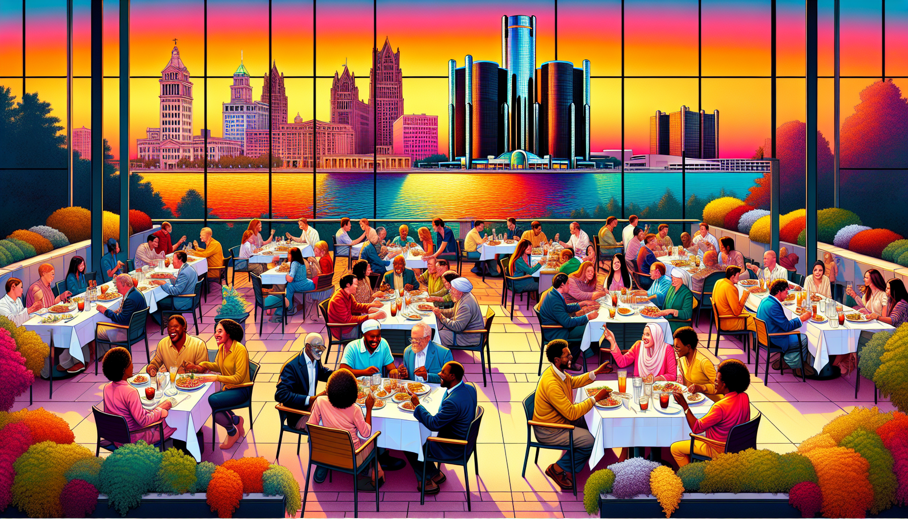 A lively restaurant patio overlooking a sunset on the Detroit River, full of people enjoying dinner with the Renaissance Center in the background.
