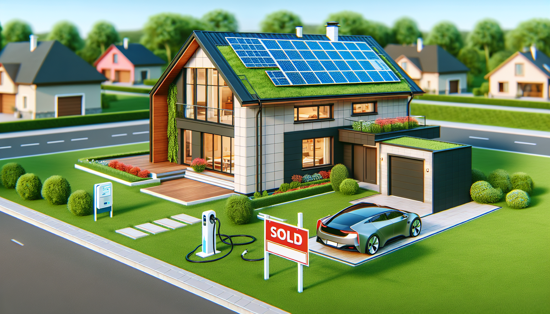 A split level home in Birmingham, Michigan, with solar panels on the roof, an electric car charging in the driveway, and a Sold sign on a lush green lawn.