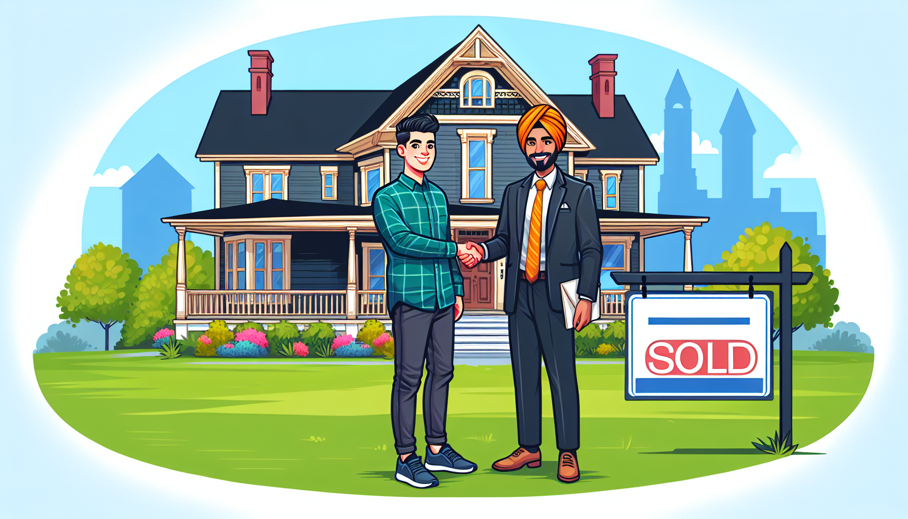 A realtor in Birmingham, Michigan shakes hands with a smiling homeowner in front of a charming house with a sold sign in the yard.