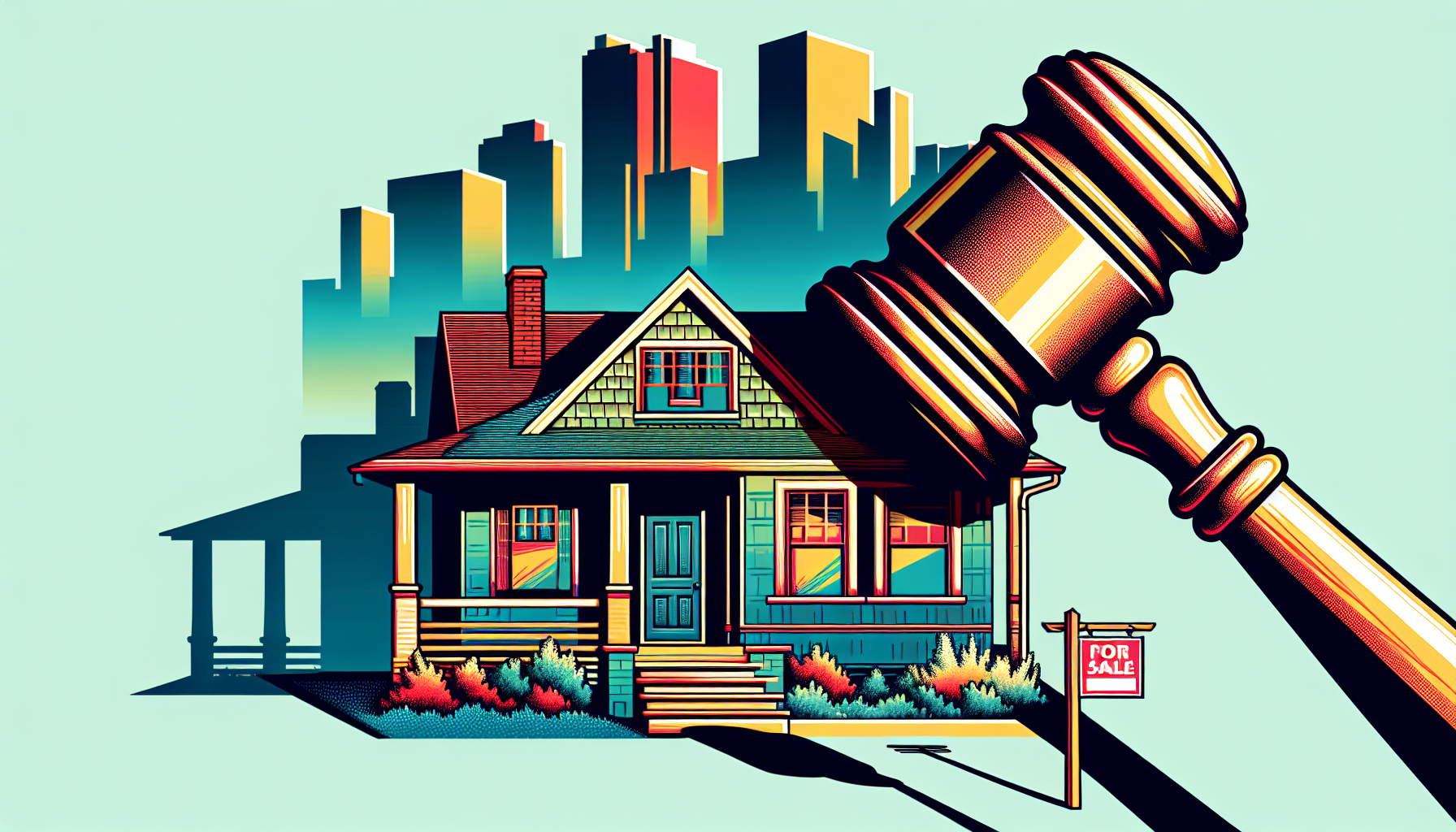 A gavel casting a shadow on a craftsman style house with a For Sale sign in the front yard, with a silhouette of the Birmingham, Michigan skyline in the background.