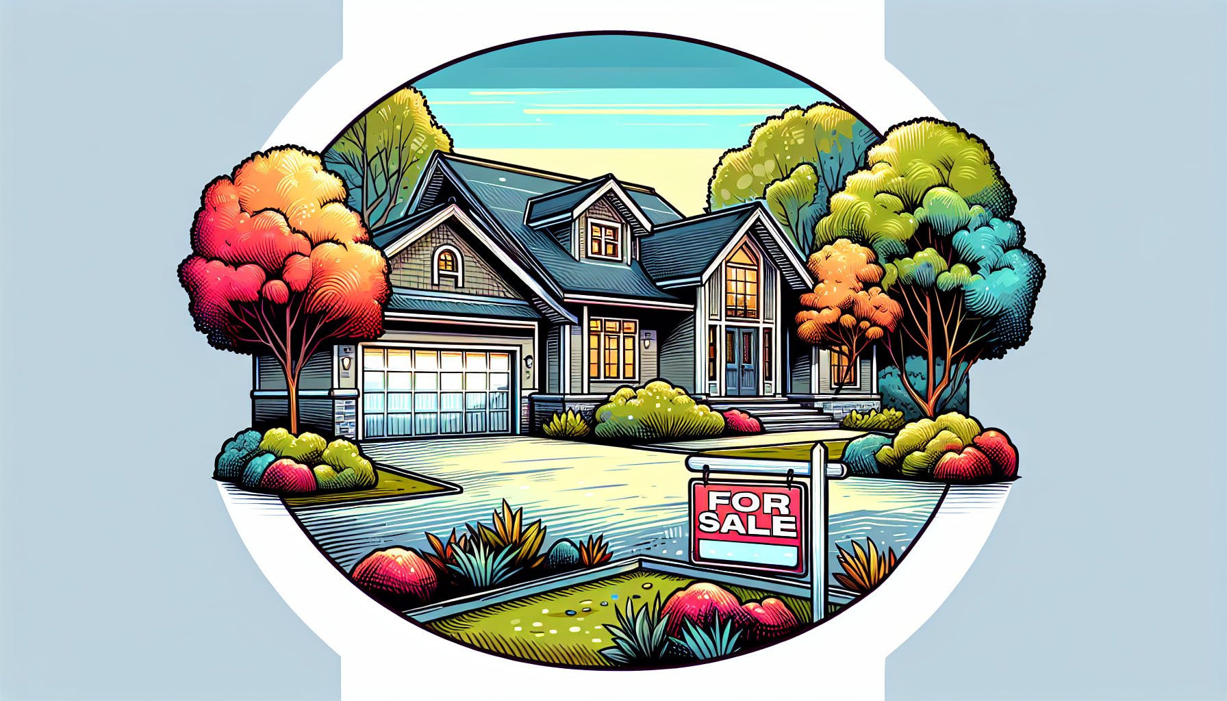 Michigan-The-Best-Time-to-Sell-Your-Home-in-Birmingham-1 A well-maintained, modern house in a beautiful suburban neighborhood with a yard sign that says For Sale in front. The house is surrounded by trees and has a large driveway and a two-car garage. The s