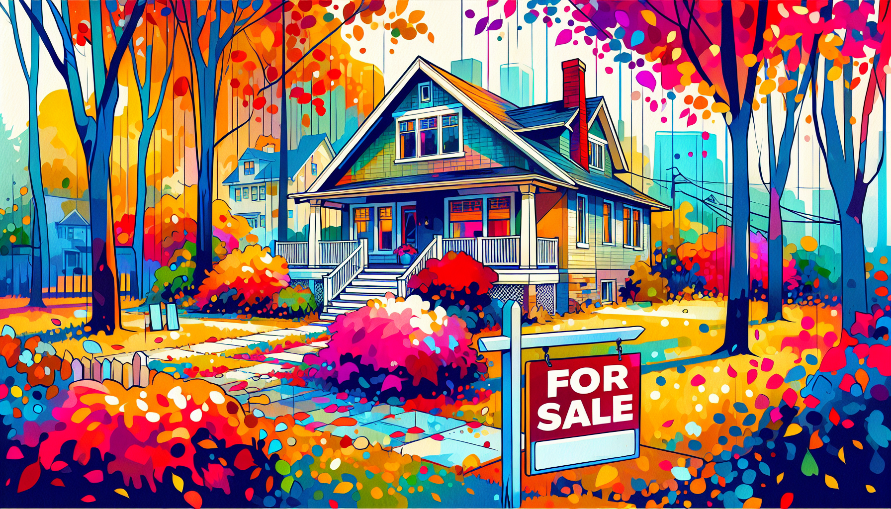 A charming house in Birmingham, Michigan with a For Sale sign in the yard surrounded by colorful fall leaves.