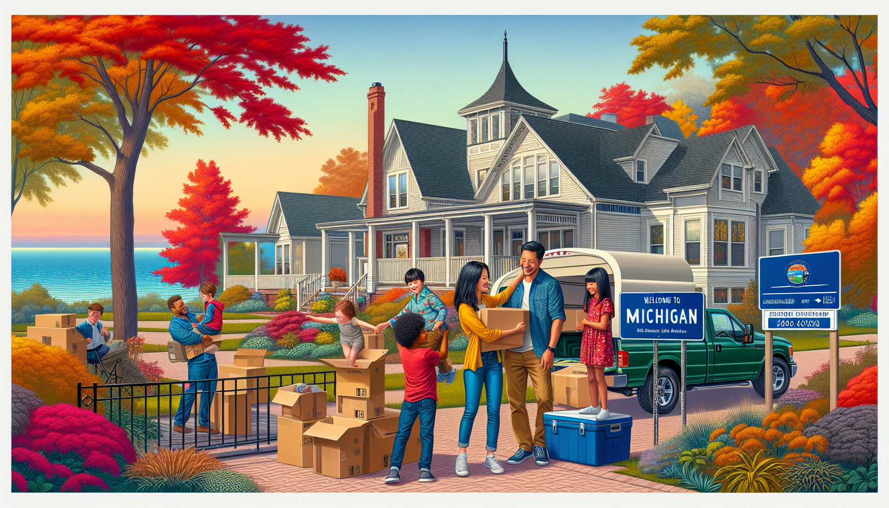 Create an image of a welcoming Michigan scene, featuring a family unloading moving boxes from a truck in front of a picturesque suburban home. Include iconic Michigan elements like the Great Lakes in