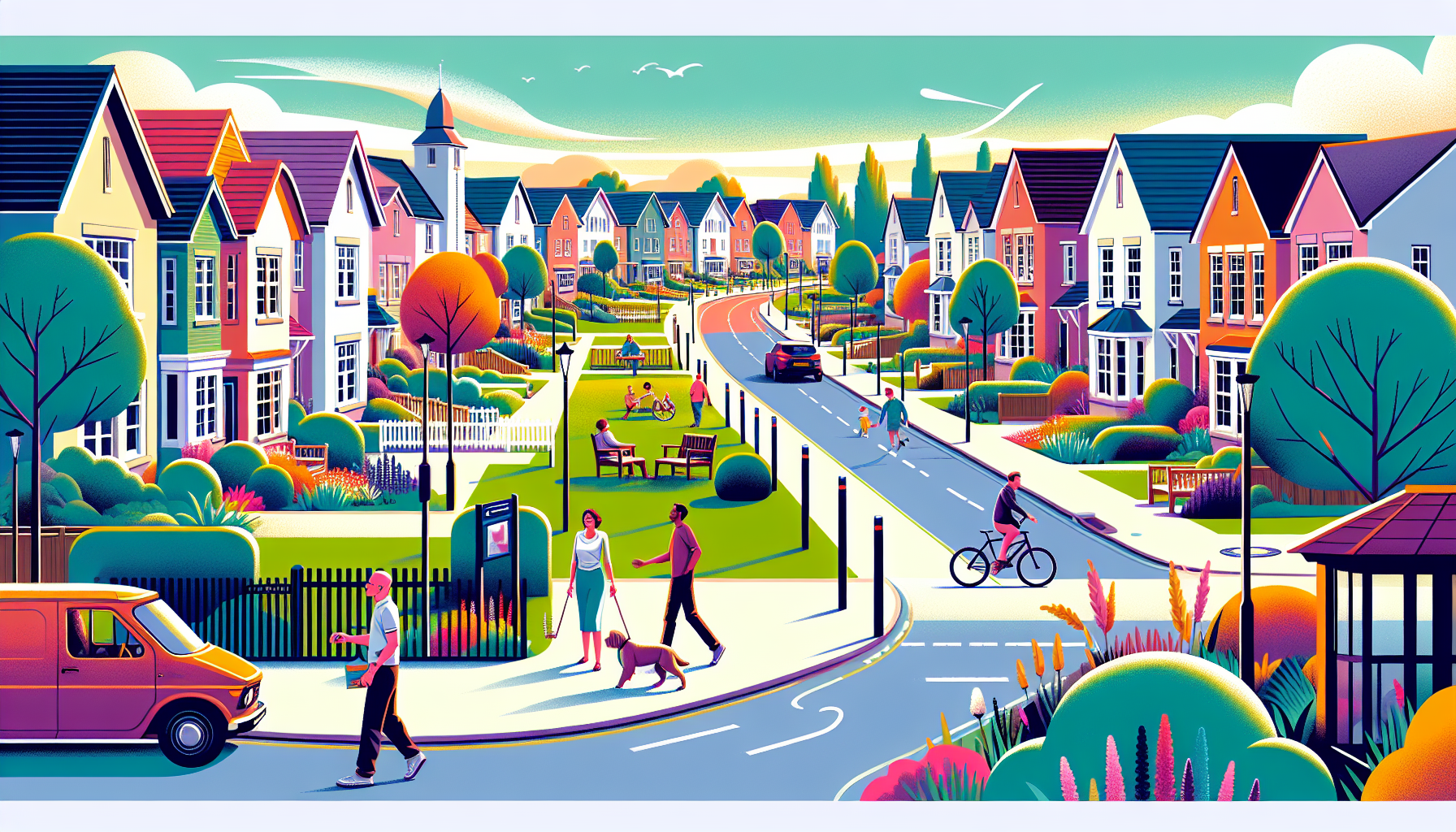 Create an image showing a picturesque suburban neighborhood in Birmingham, MI, showcasing tree-lined streets, charming homes with well-manicured lawns, and a welcoming community atmosphere. Include lo