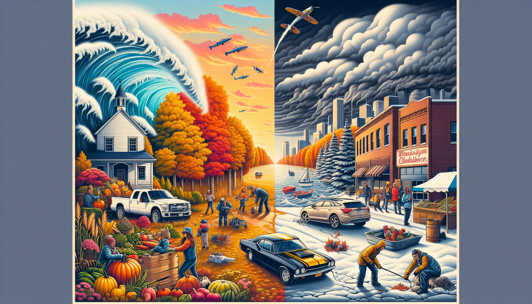 Create an image that captures both the joys and challenges of living in Michigan. On one side of the image, show a vibrant autumn scene with colorful fall foliage, recreational activities like fishing