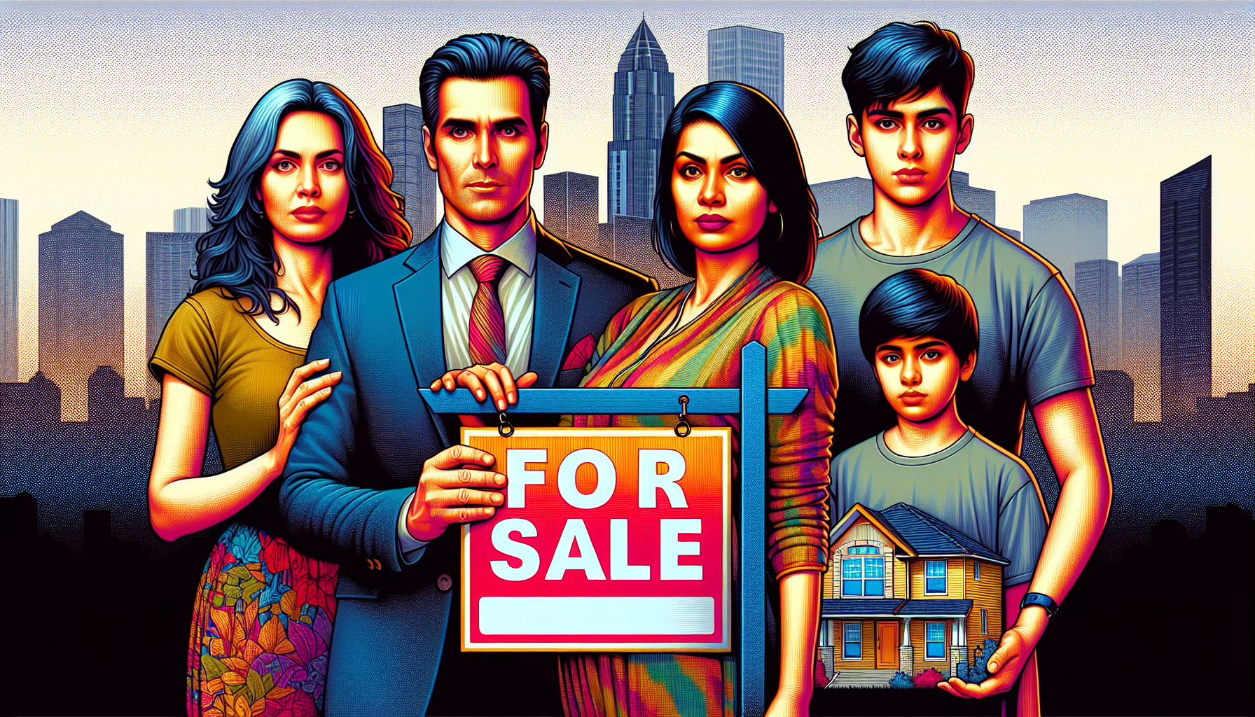 A family standing outside their home holding a For Sale sign, with a Birmingham skyline in the background, showing a sense of urgency and a desire to sell quickly.