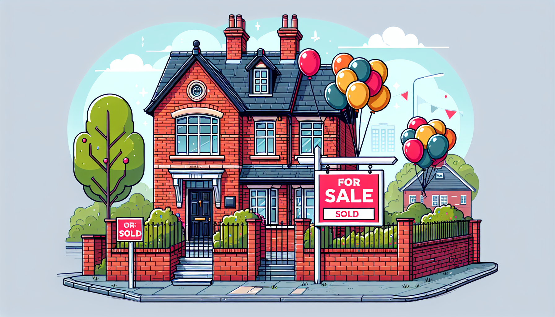 A for sale sign with balloons attached in front of a charming brick house in Birmingham, UK with a sold banner across the sign.