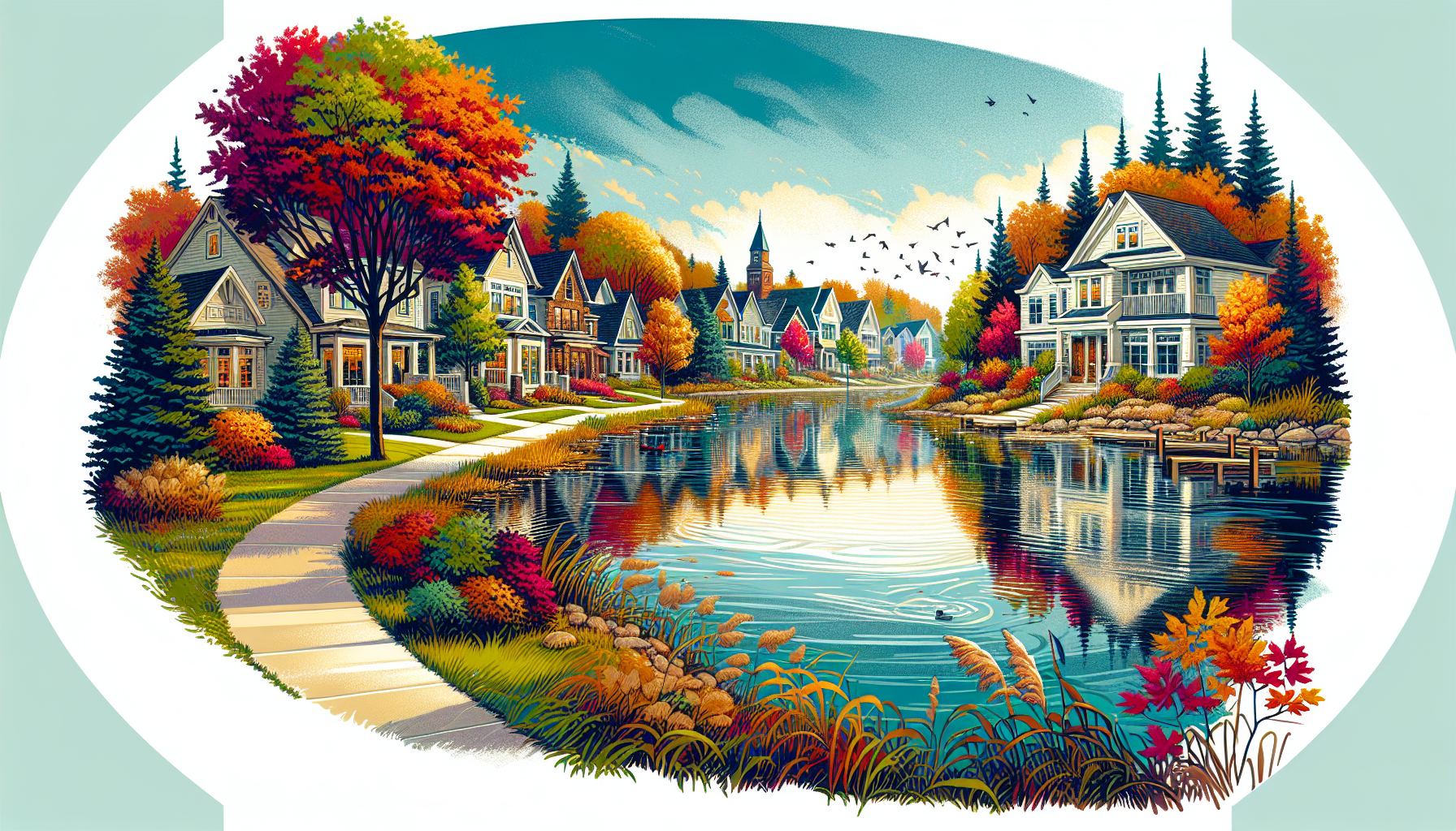 Top-Locations-to-Live-in-Michigan Create an image of a picturesque neighborhood in Michigan, showcasing a blend of natural scenery with homes that look inviting and upscale. Include elements such as vibrant fall foliage, serene lakes,