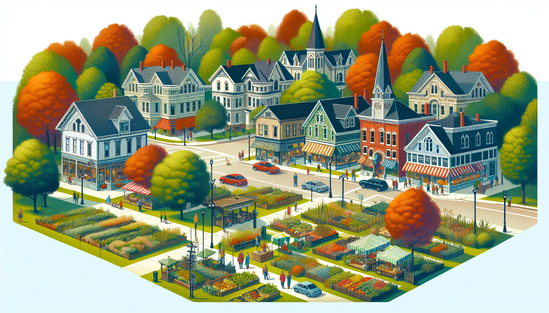 Create an image of a picturesque Michigan town, featuring a charming main street adorned with colorful fall foliage and quaint shops. The town should capture the essence of a welcoming community with