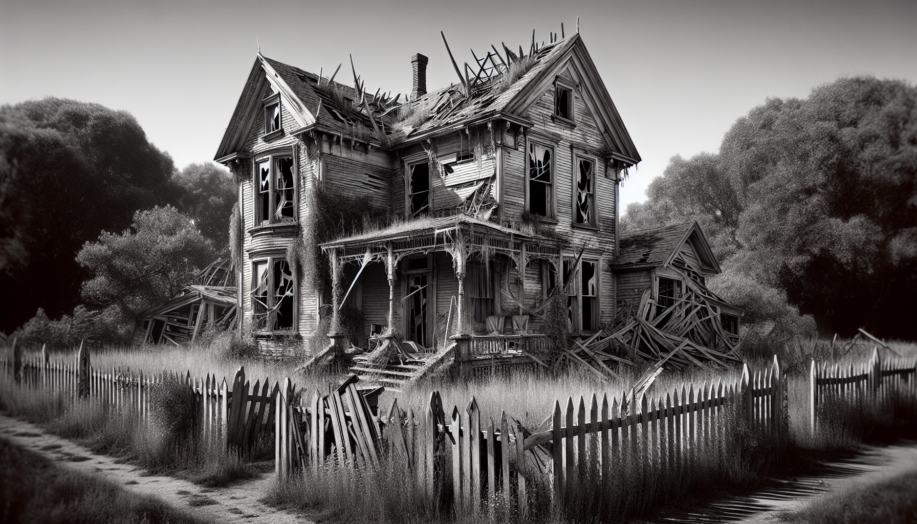 Grayscale image of a crumbling and dilapidated house, with broken windows and overgrown weeds, surrounded by a picket fence with missing slats, symbolizing the concept of zombie properties in the hous