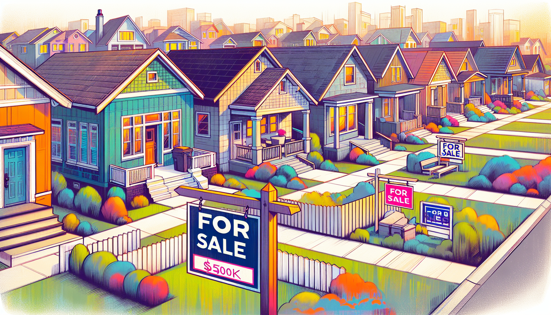 Create an image of a suburban neighborhood with rows of colorful, affordable homes for sale under $500k in a sunny and welcoming environment. Each house should have a For Sale sign in the front yard,