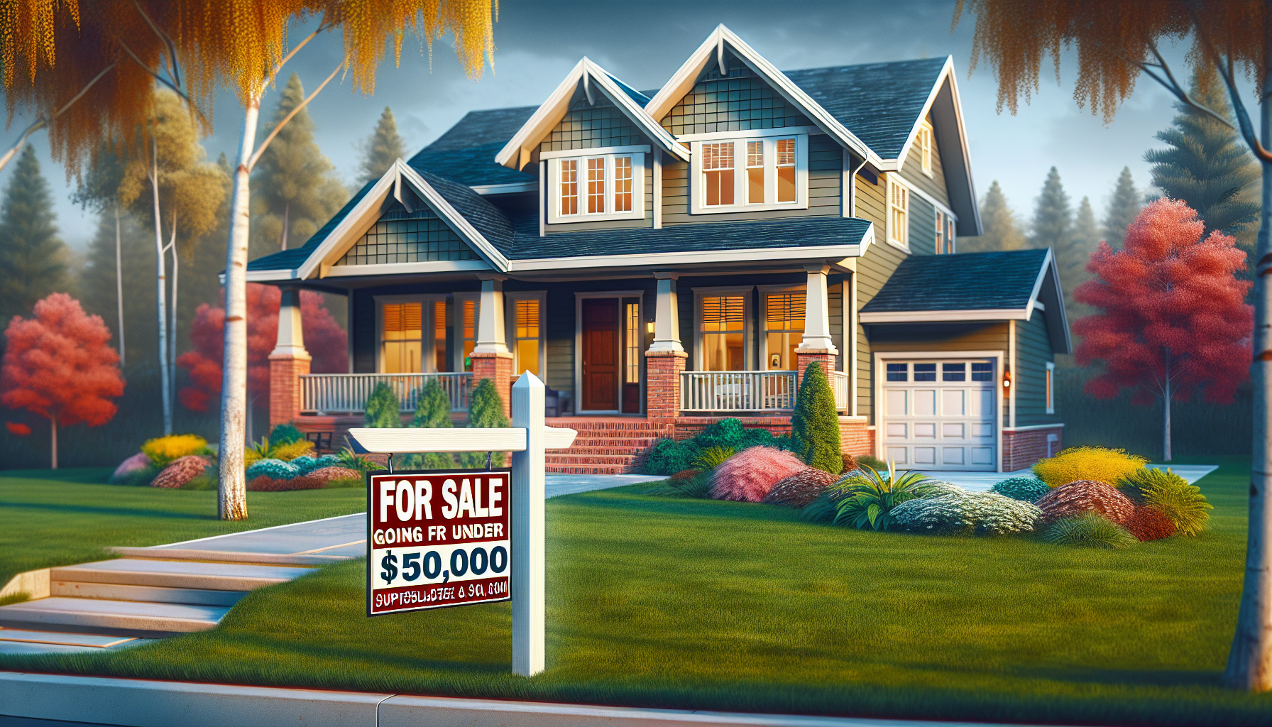 Create an image of a charming suburban house in Michigan selling for under $500,000. The house should have a well-maintained front yard with a lush green lawn, a welcoming front porch, and a two-car g