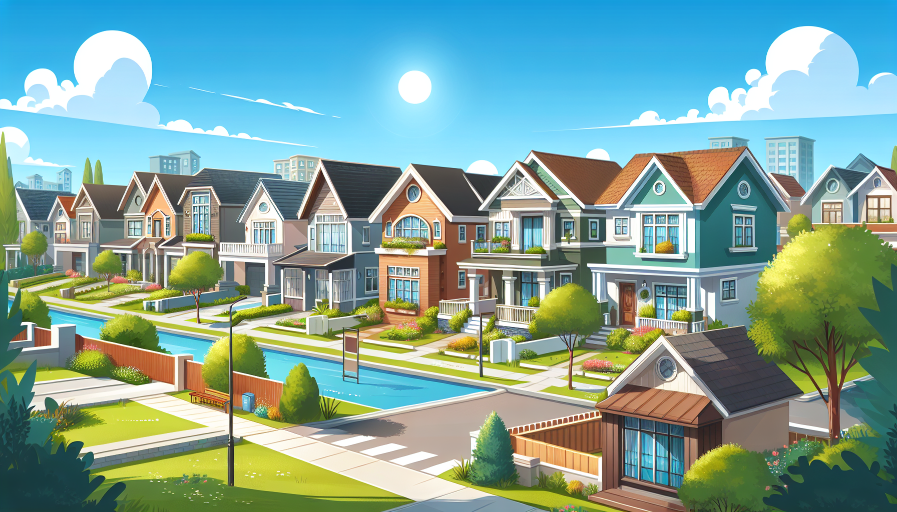Create an image of a charming suburban neighborhood in Royal Oak featuring affordable single-family homes for sale, all priced under $500k. Capture a sunny day with a clear blue sky, showcasing a vari