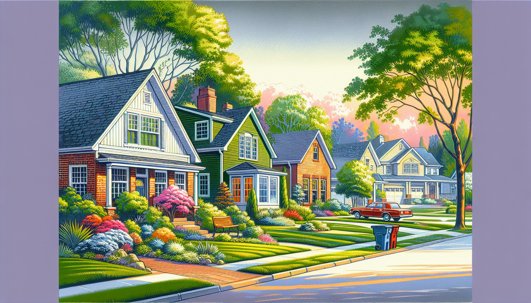 Create an image of a charming suburban street in Troy, Michigan with affordable homes for sale under $500k. The scene should capture a picturesque neighborhood with well-maintained houses, lush green