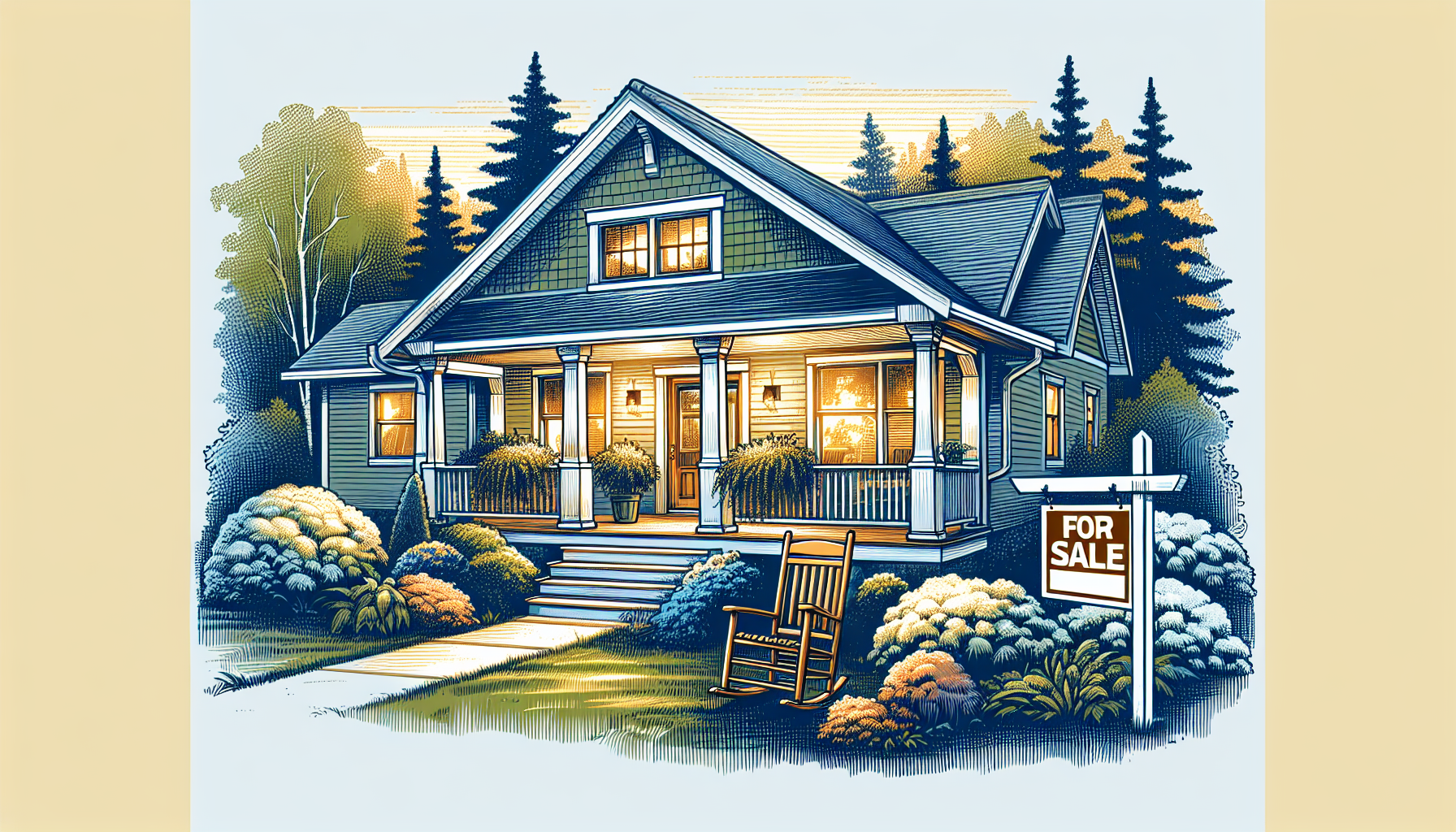 Create an image of a cozy and picturesque home in Michigan listed for under $500k. The house should be surrounded by beautiful trees and have a welcoming front porch with a rocking chair. Include a Fo