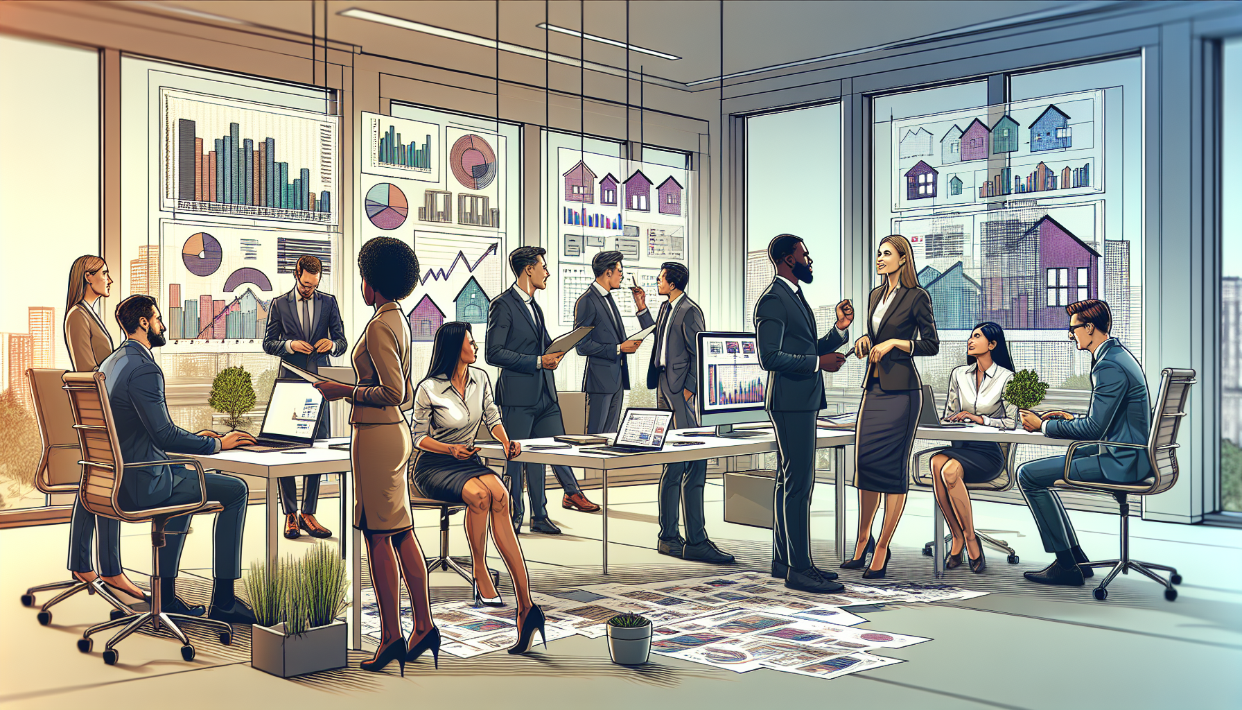 Create an image of a diverse group of real estate agents discussing strategies and analyzing property investments in a modern office setting. Include elements like a desk cluttered with blueprints, la