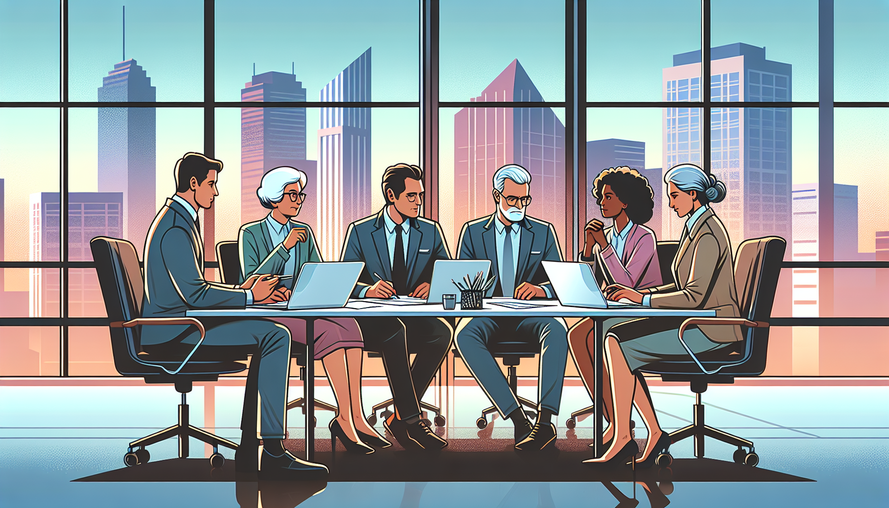 Create an image of a diverse group of people sitting around a table with laptops and papers, looking engaged and discussing real estate investment strategies. Show a range of ethnicities and ages to r