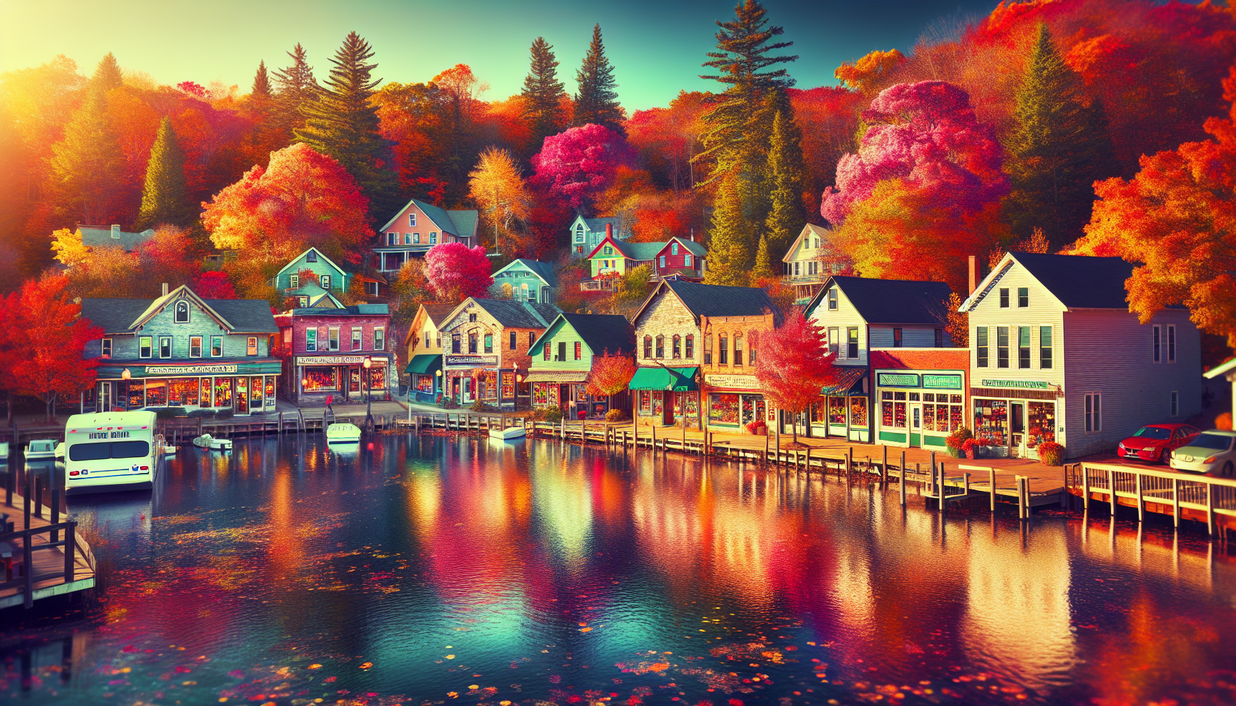 Create an image of a quaint, picturesque small town in Michigan with colorful autumn foliage lining the streets, charming local shops, and a view of a peaceful lake in the background. The town should