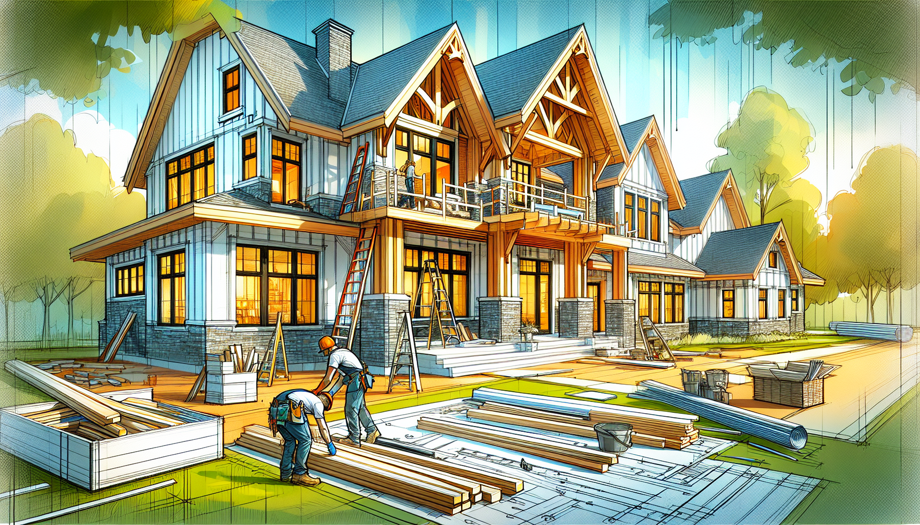 Create an image of a picturesque custom home being constructed in Michigan, showcasing the beautiful architecture and design elements being meticulously crafted by skilled builders. The scene should e